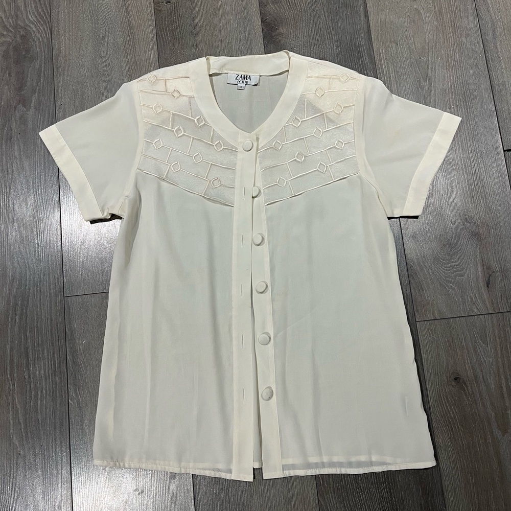 Zama Cream Embroidered Button-Front Short Sleeve Blouse